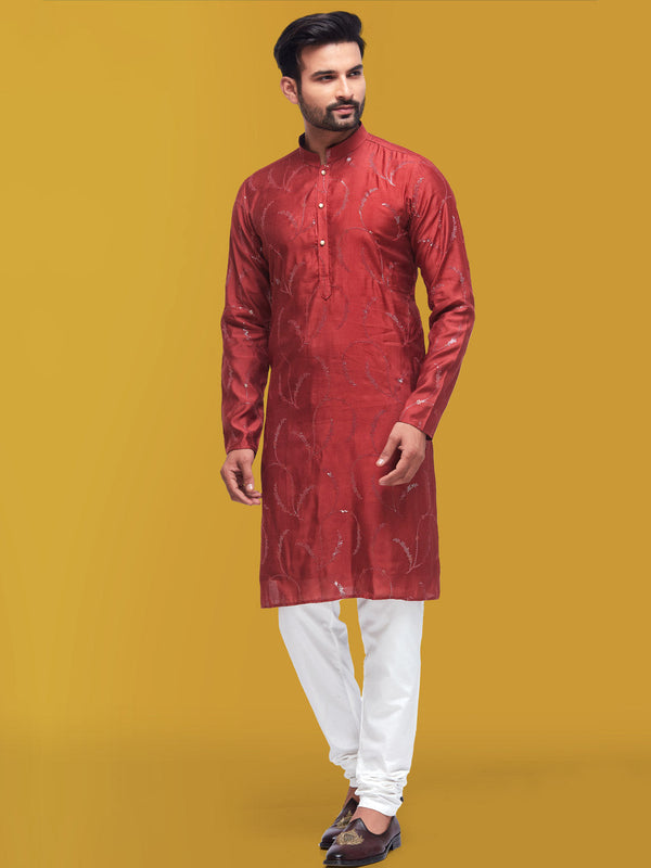 Fabulous Red Coloured Cotton Silk Kurta with Minimal Threadwork