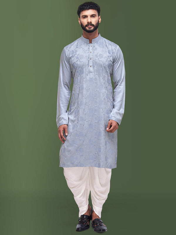 Men Grey Threadwork Kurta with Floral Design