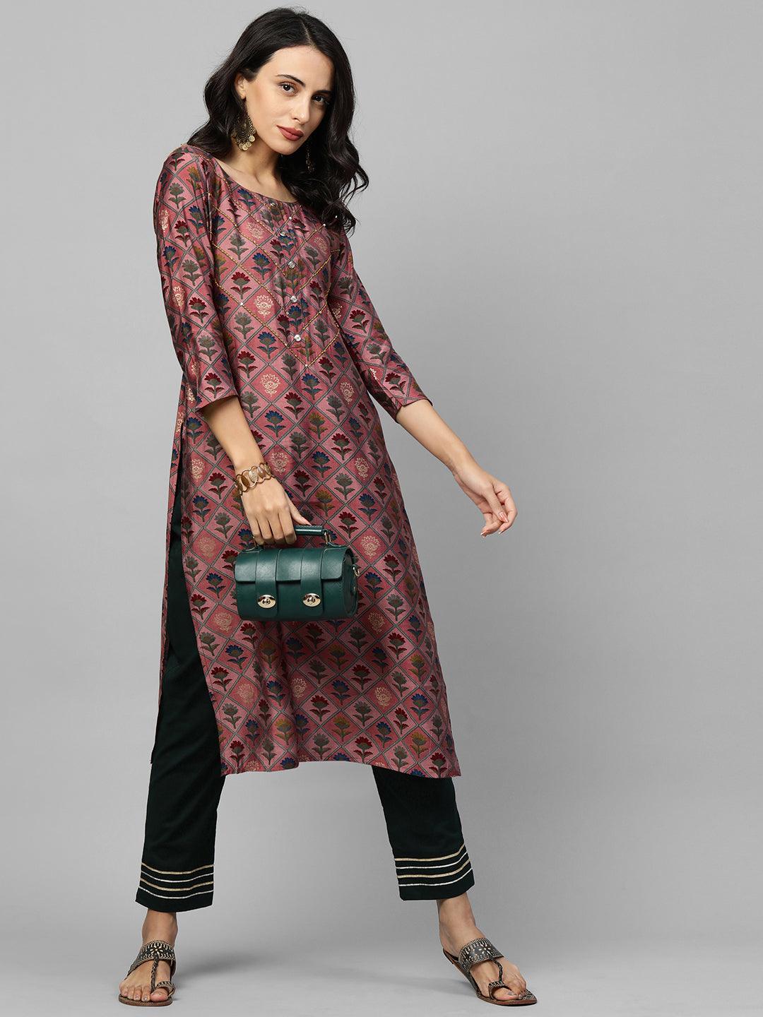 Floral Printed & Kantha Embroidery Kurta - Rose Dawn - Indiakreations