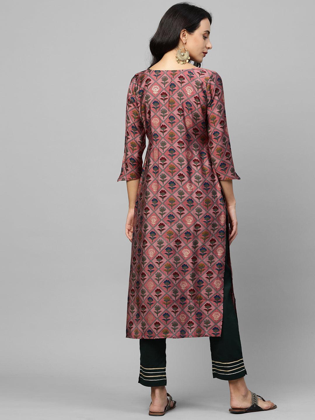 Floral Printed & Kantha Embroidery Kurta - Rose Dawn - Indiakreations