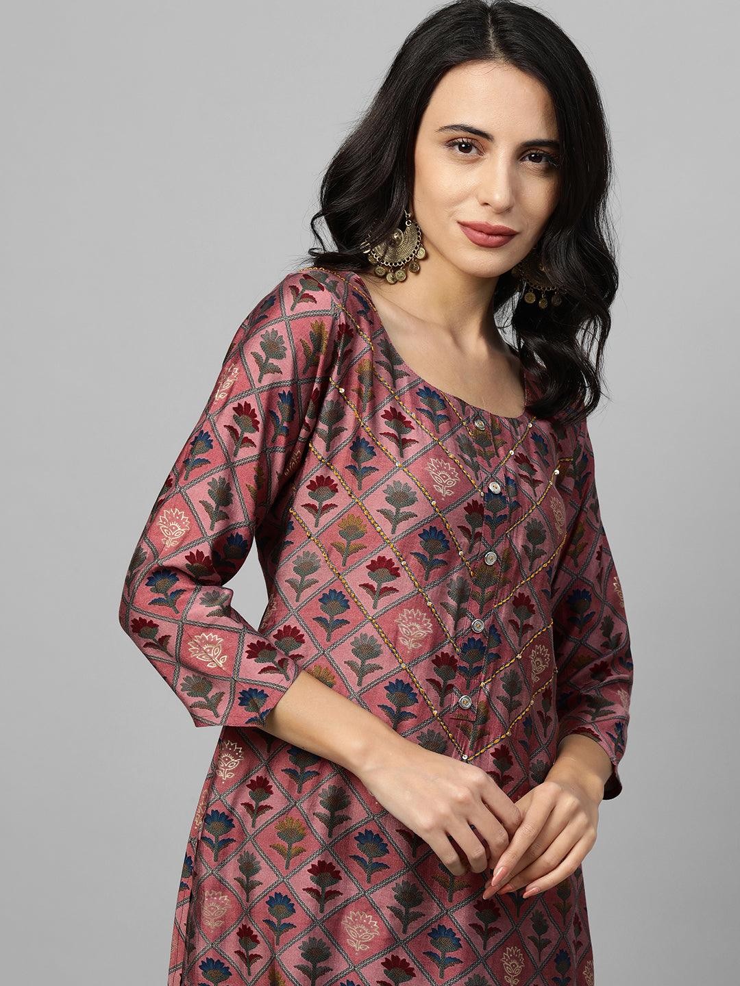 Floral Printed & Kantha Embroidery Kurta - Rose Dawn - Indiakreations