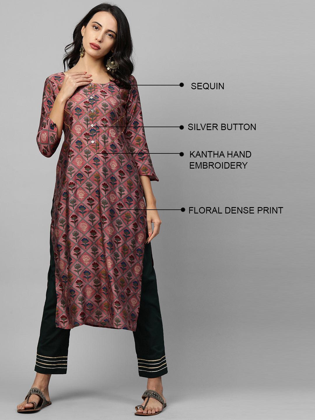 Floral Printed & Kantha Embroidery Kurta - Rose Dawn - Indiakreations