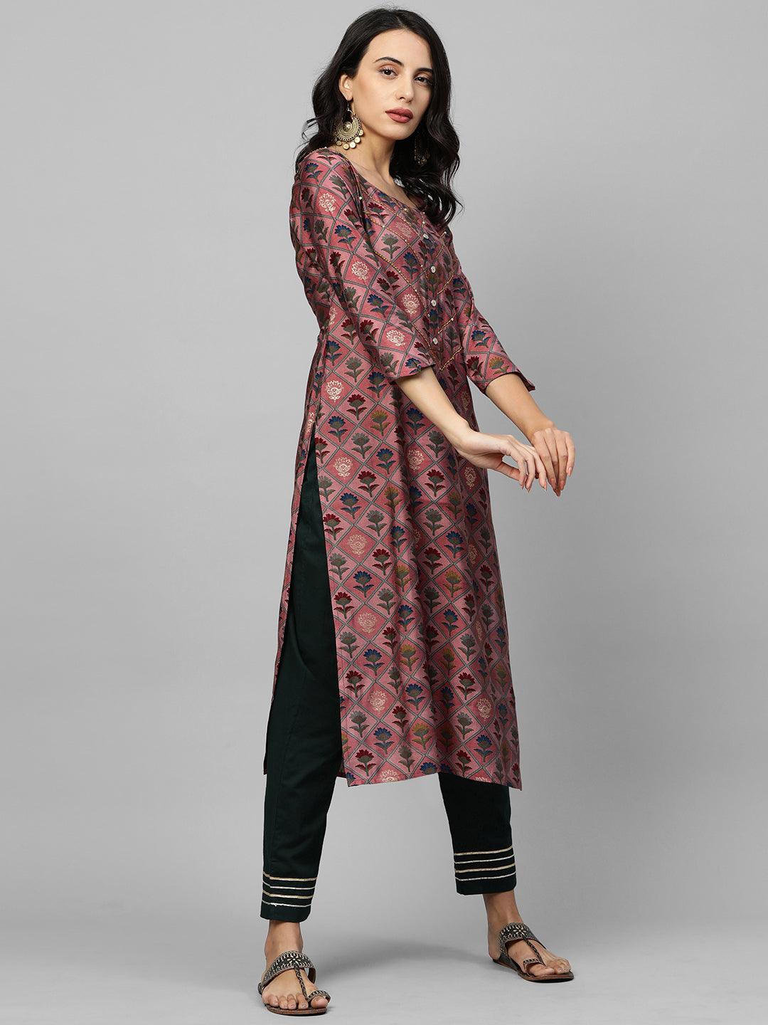 Floral Printed & Kantha Embroidery Kurta - Rose Dawn - Indiakreations