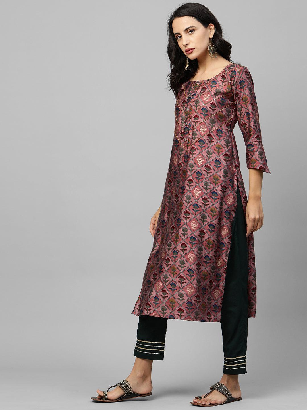 Floral Printed & Kantha Embroidery Kurta - Rose Dawn - Indiakreations