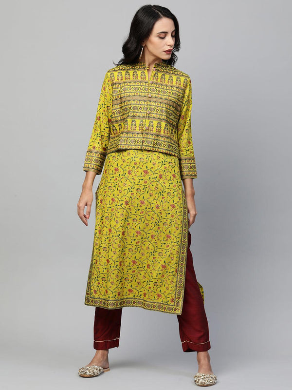 Floral Printed Kurta with Ethnic Dense Printed Jacket - Lime Green - Indiakreations