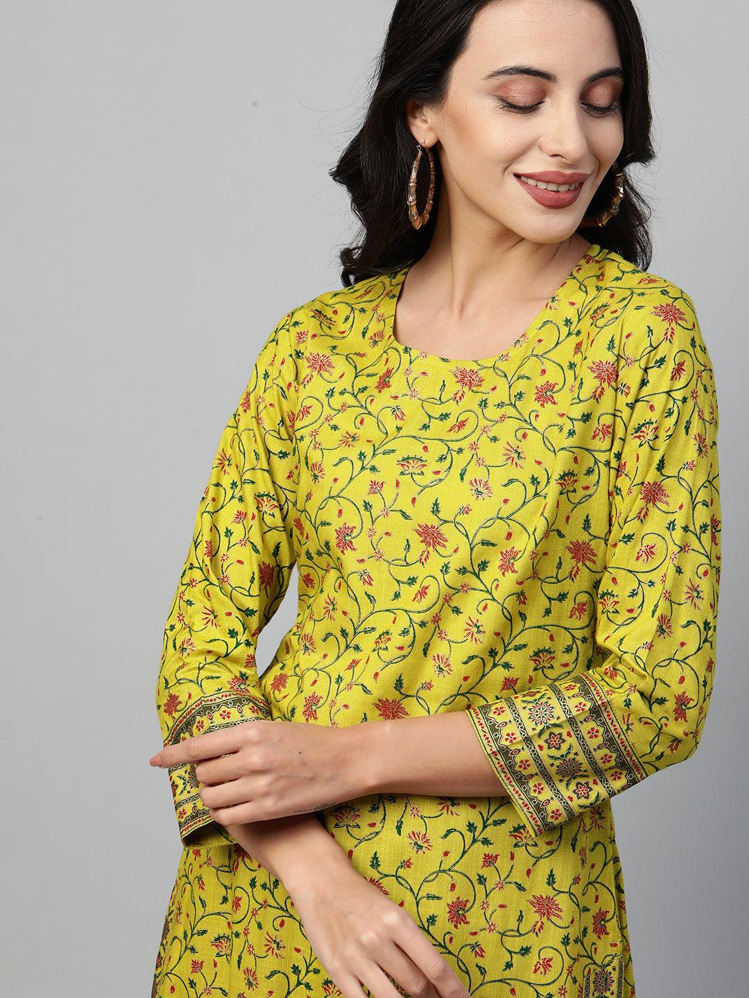 Floral Printed Kurta with Ethnic Dense Printed Jacket - Lime Green - Indiakreations