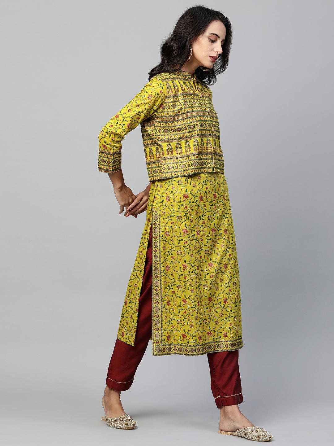 Floral Printed Kurta with Ethnic Dense Printed Jacket - Lime Green - Indiakreations