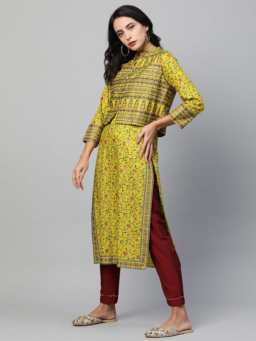 Floral Printed Kurta with Ethnic Dense Printed Jacket - Lime Green - Indiakreations