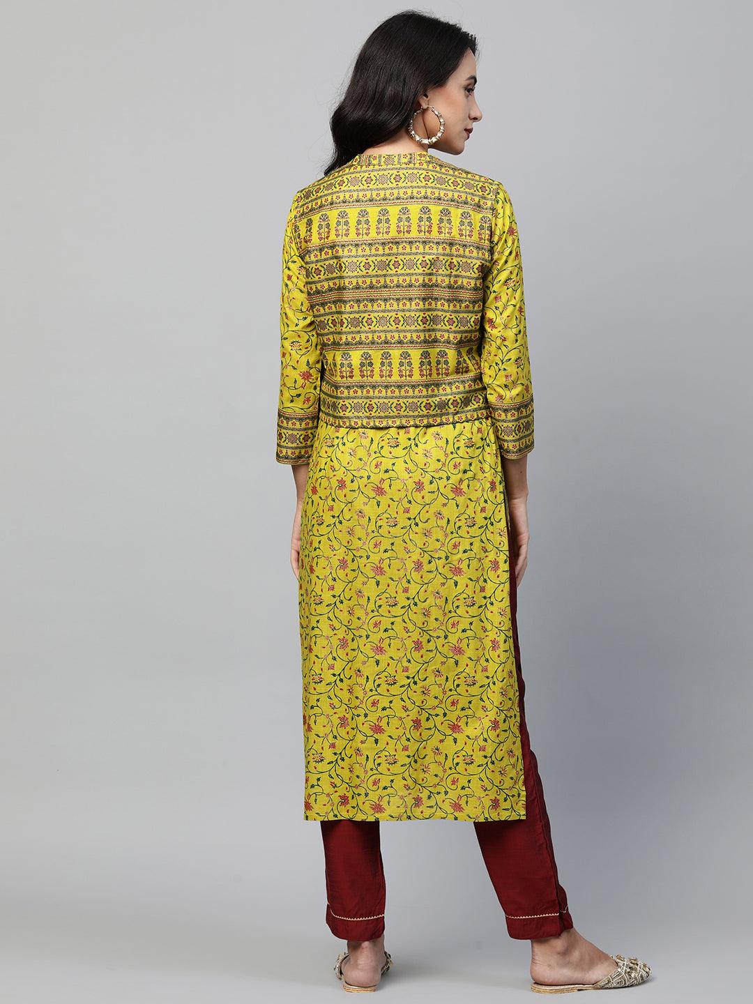 Floral Printed Kurta with Ethnic Dense Printed Jacket - Lime Green - Indiakreations