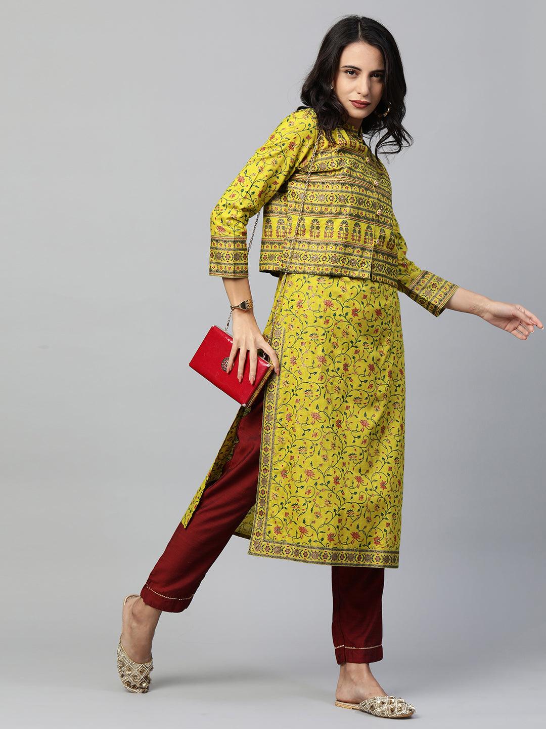 Floral Printed Kurta with Ethnic Dense Printed Jacket - Lime Green - Indiakreations