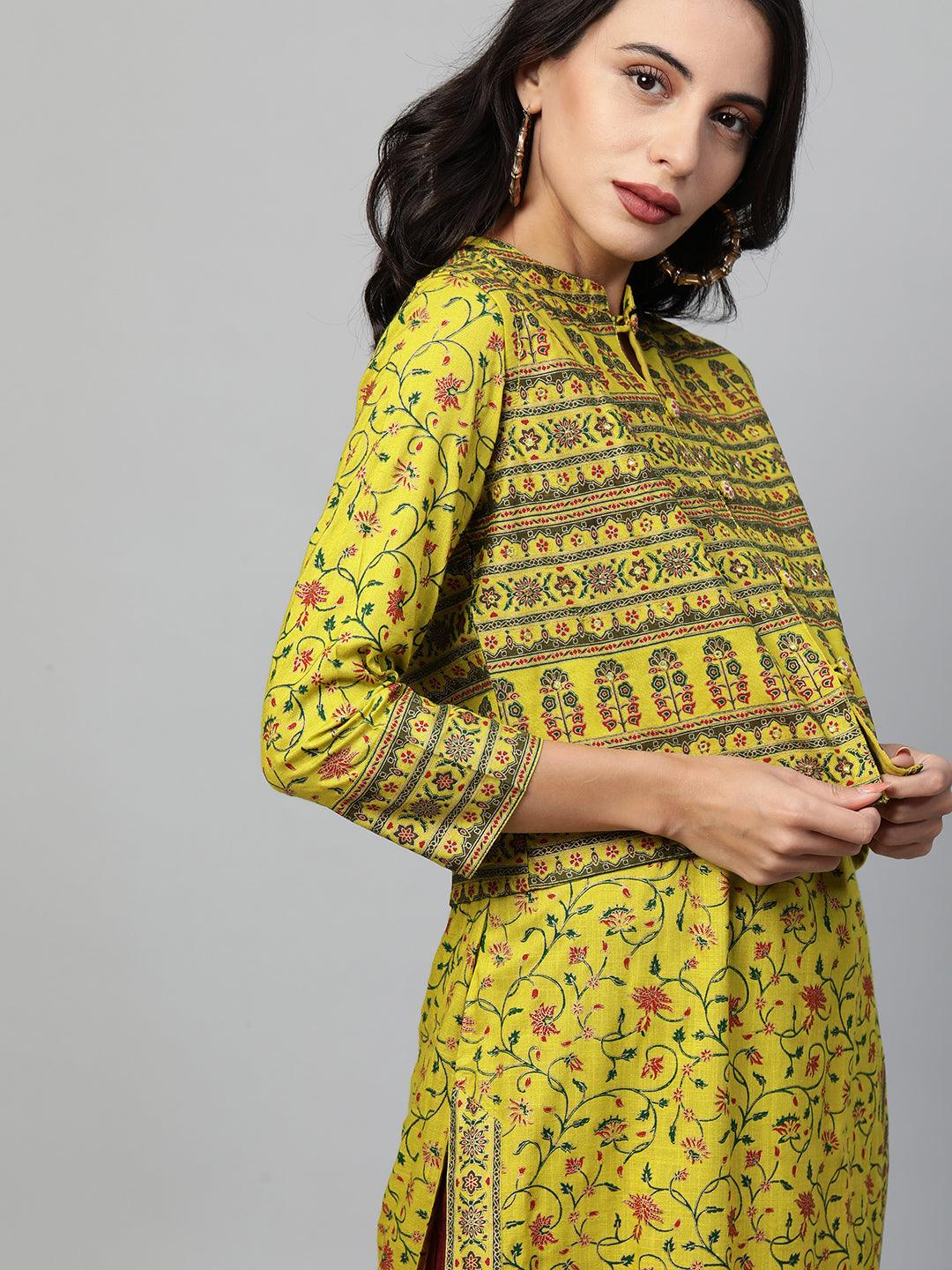 Floral Printed Kurta with Ethnic Dense Printed Jacket - Lime Green - Indiakreations