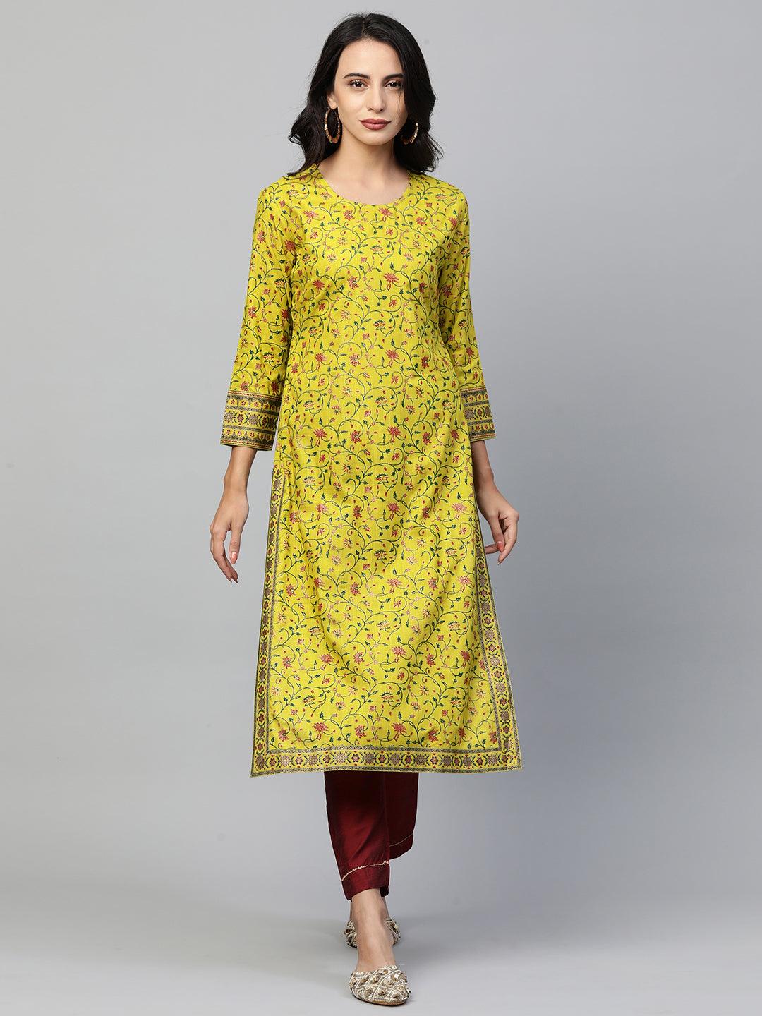 Floral Printed Kurta with Ethnic Dense Printed Jacket - Lime Green - Indiakreations