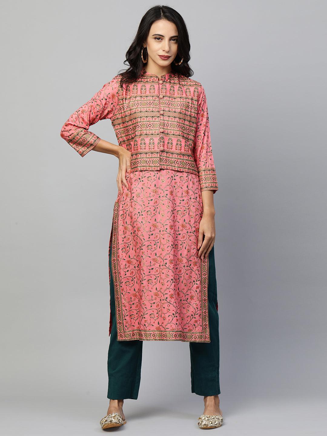 Floral Printed Kurta with Ethnic Dense Printed Jacket - Pink - Indiakreations