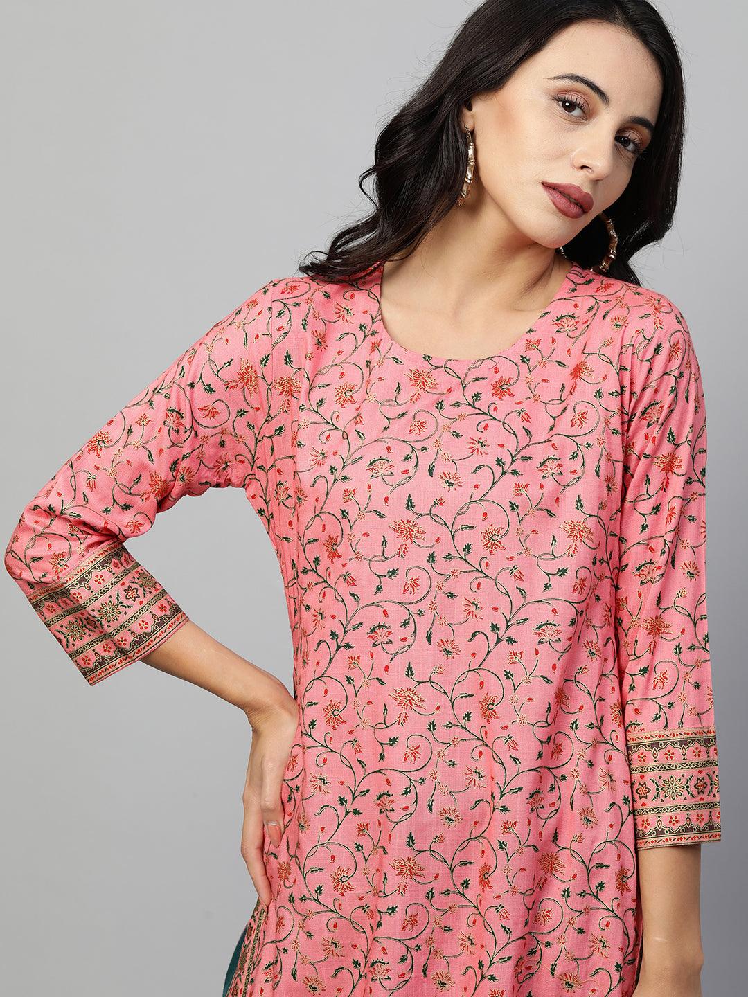 Floral Printed Kurta with Ethnic Dense Printed Jacket - Pink - Indiakreations