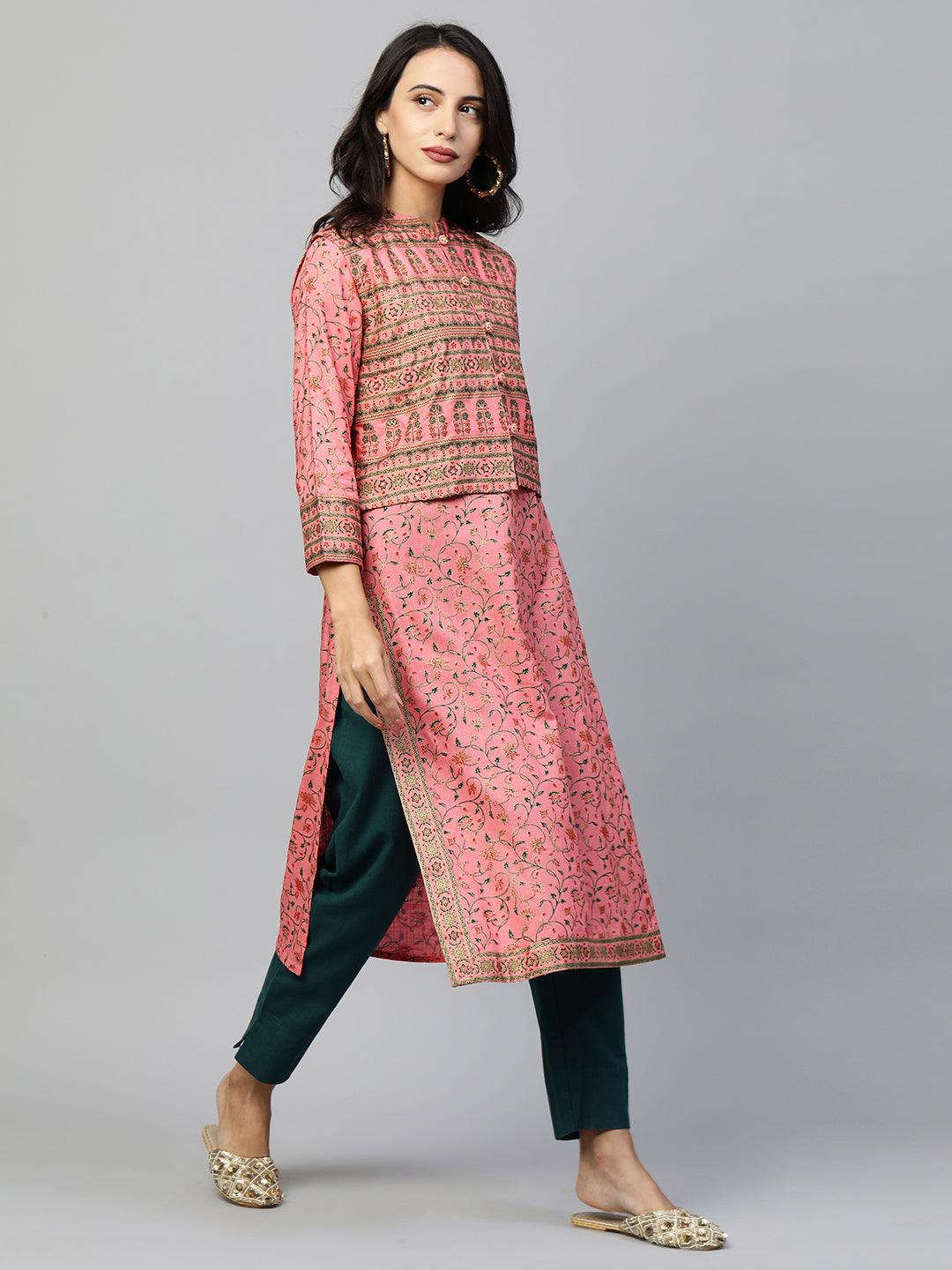 Floral Printed Kurta with Ethnic Dense Printed Jacket - Pink - Indiakreations