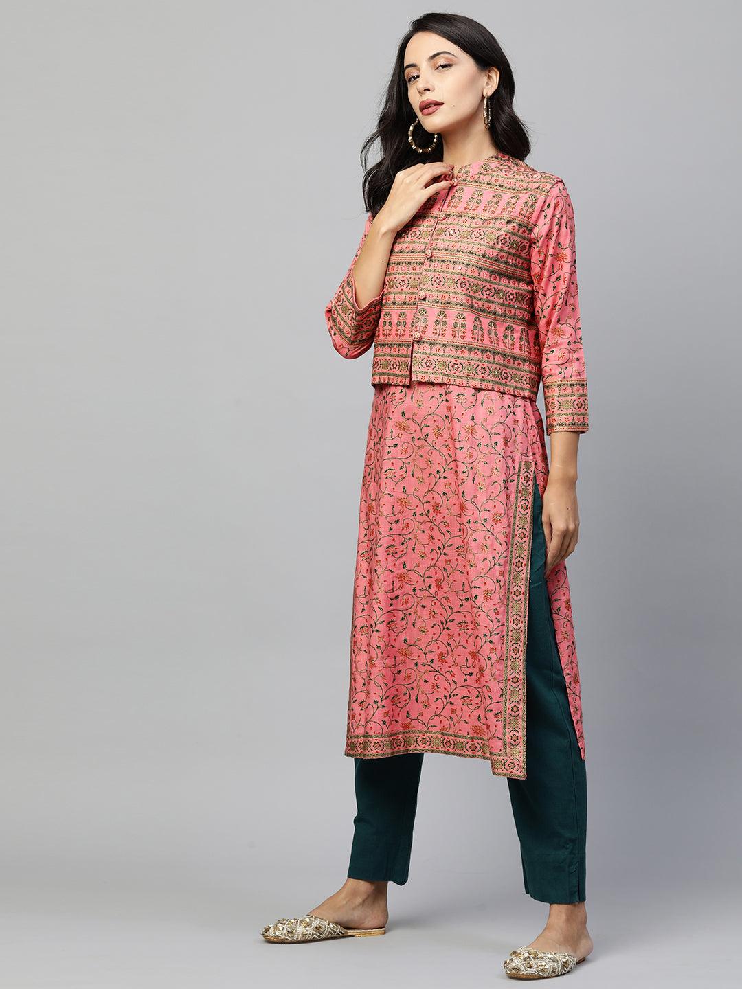 Floral Printed Kurta with Ethnic Dense Printed Jacket - Pink - Indiakreations