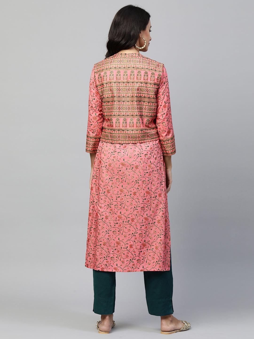 Floral Printed Kurta with Ethnic Dense Printed Jacket - Pink - Indiakreations