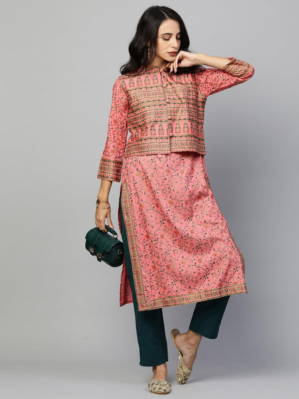 Floral Printed Kurta with Ethnic Dense Printed Jacket - Pink - Indiakreations