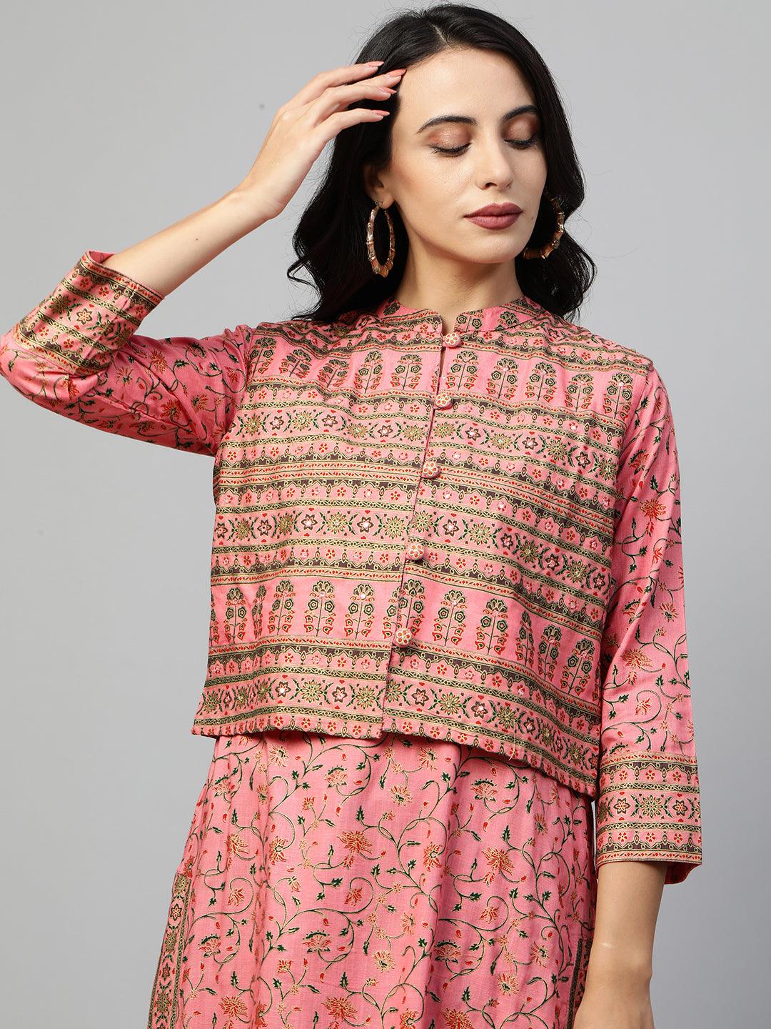 Floral Printed Kurta with Ethnic Dense Printed Jacket - Pink - Indiakreations