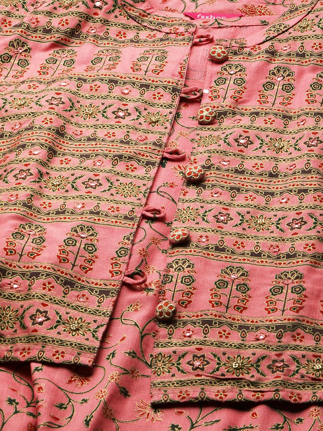 Floral Printed Kurta with Ethnic Dense Printed Jacket - Pink - Indiakreations