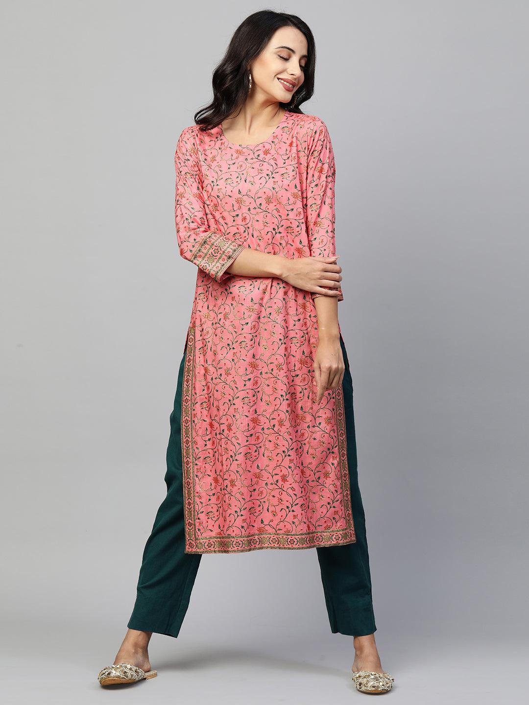 Floral Printed Kurta with Ethnic Dense Printed Jacket - Pink - Indiakreations