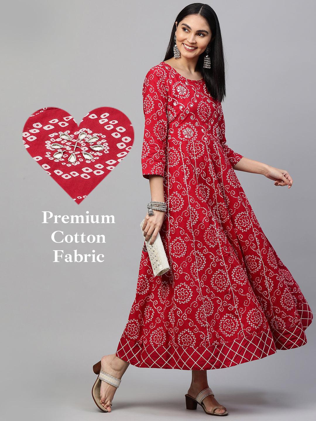 Bandhani Printed & Embroidered Flare Maxi Dress - Red - Indiakreations