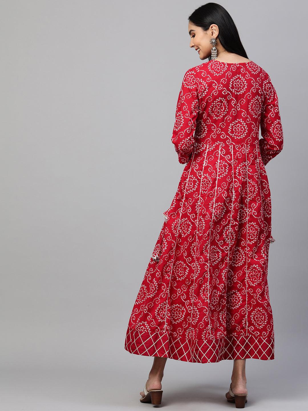 Bandhani Printed & Embroidered Flare Maxi Dress - Red - Indiakreations