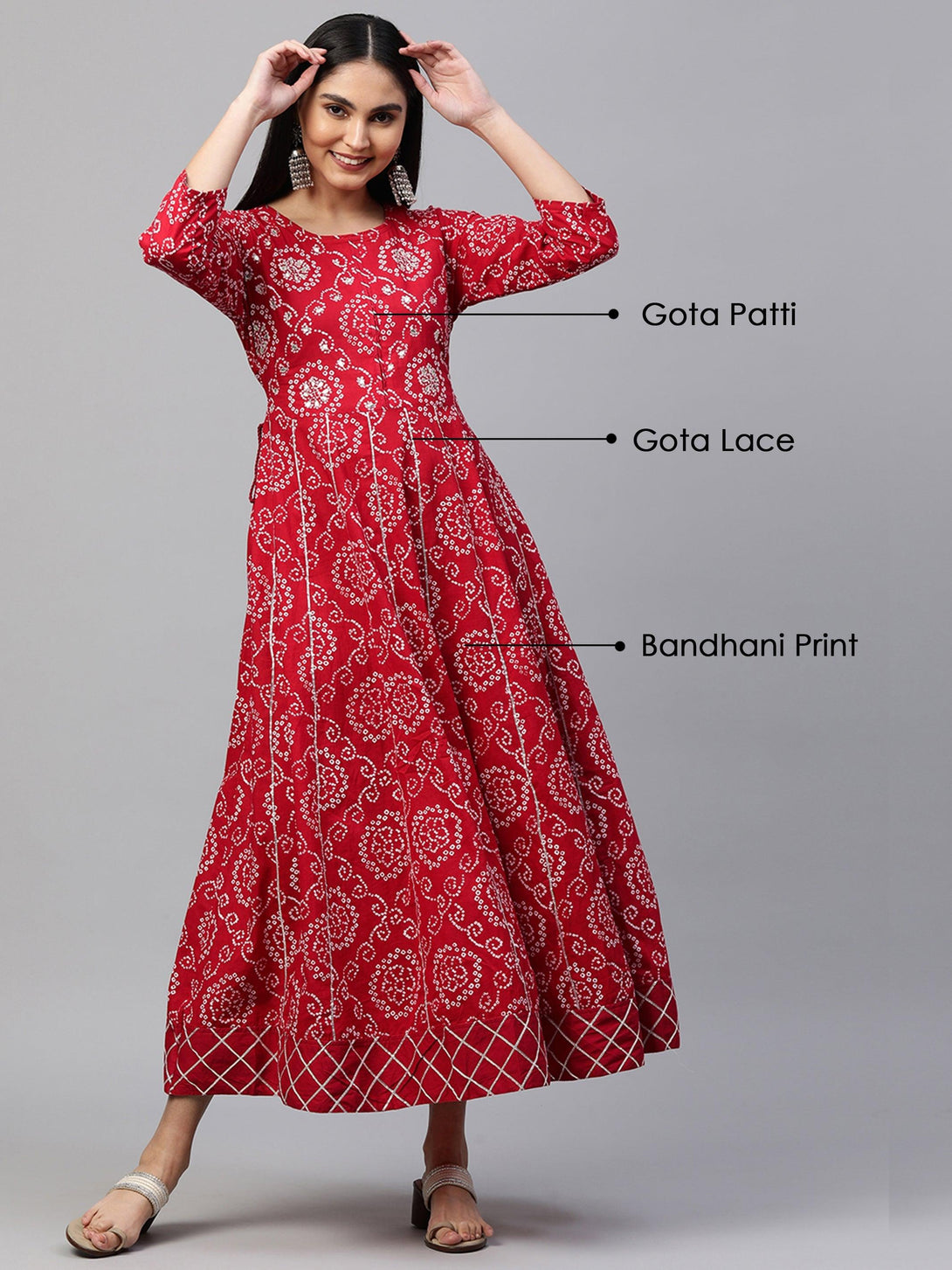 Bandhani Printed & Embroidered Flare Maxi Dress - Red - Indiakreations