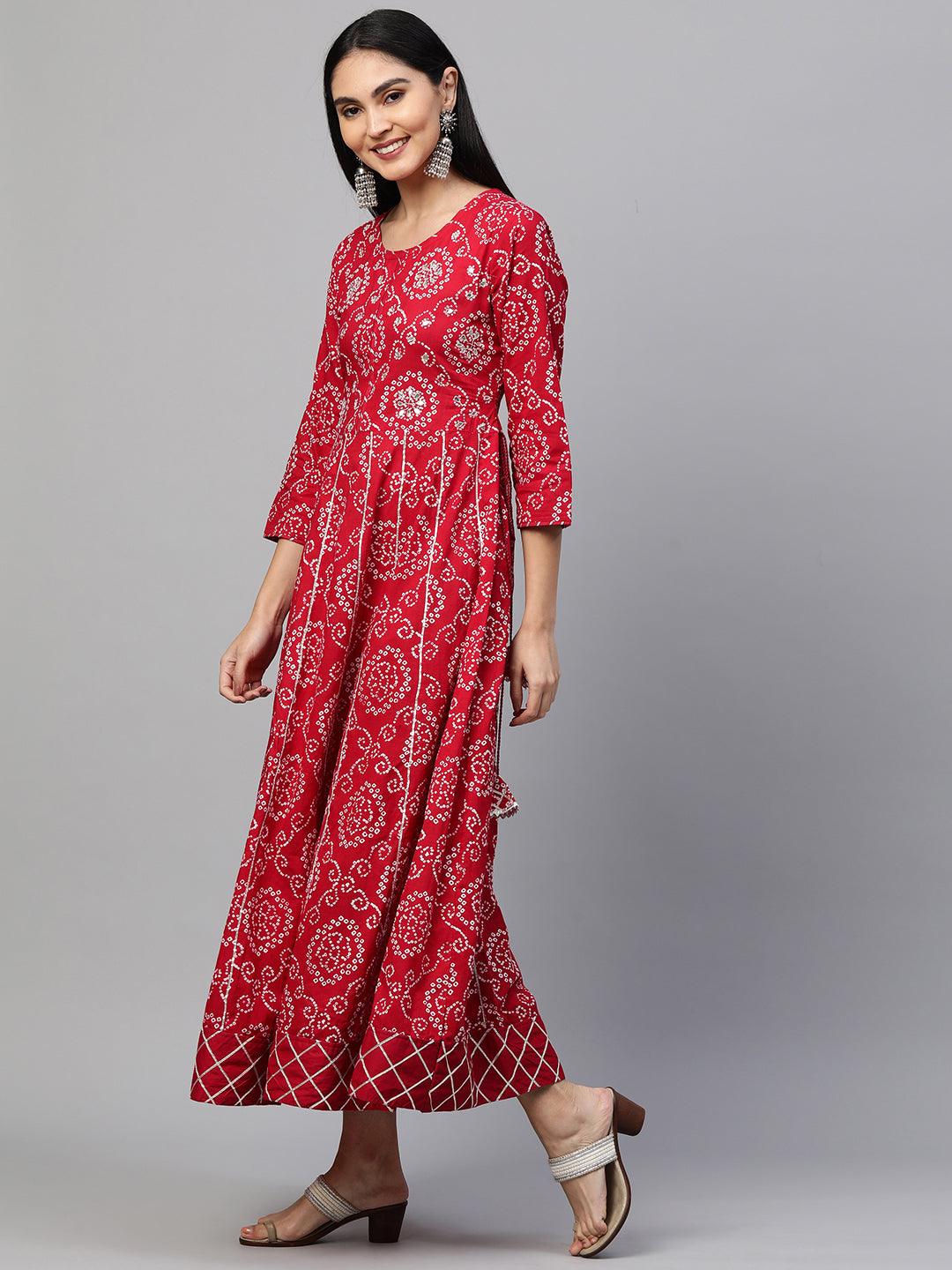 Bandhani Printed & Embroidered Flare Maxi Dress - Red - Indiakreations