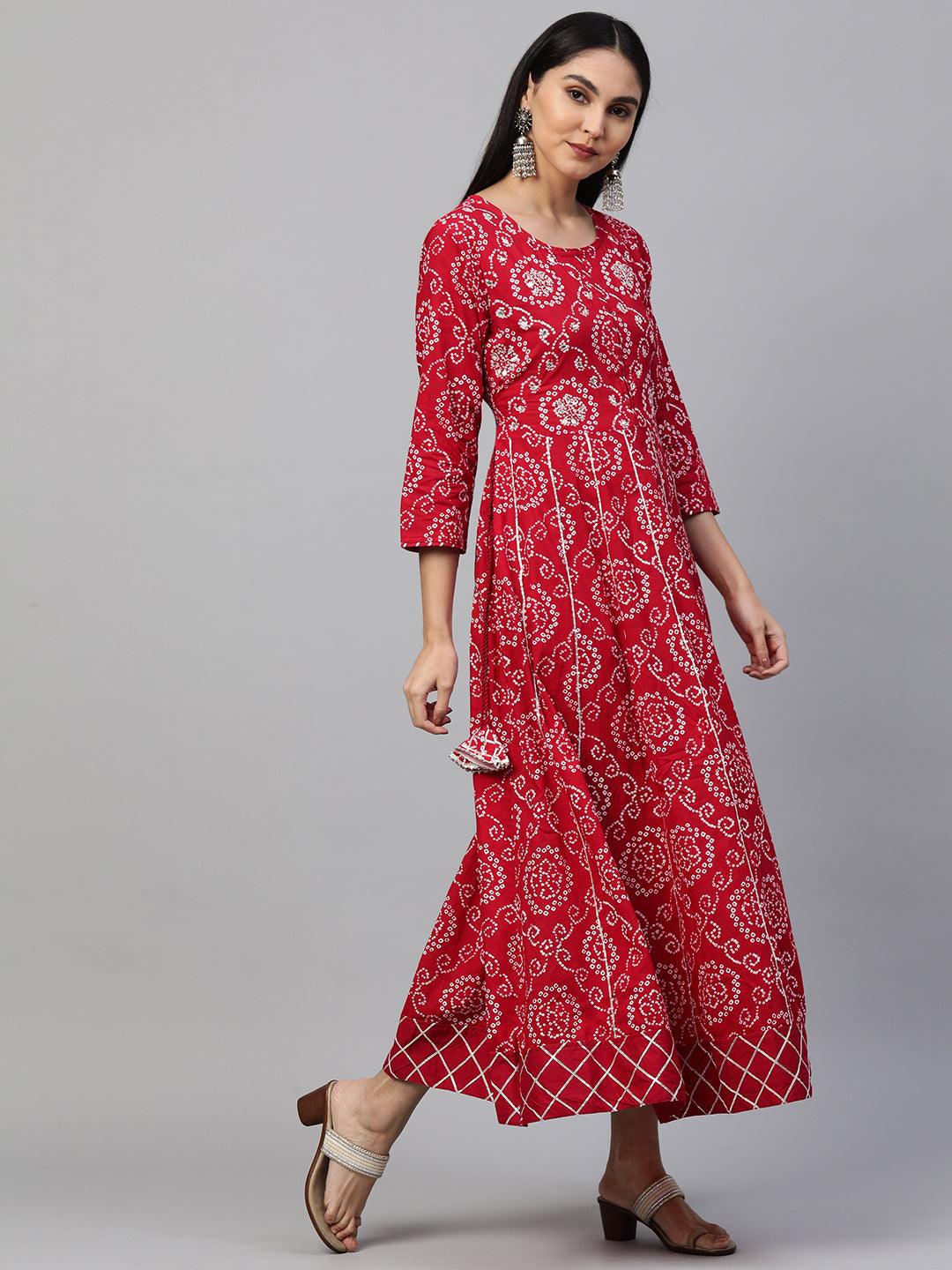 Bandhani Printed & Embroidered Flare Maxi Dress - Red - Indiakreations