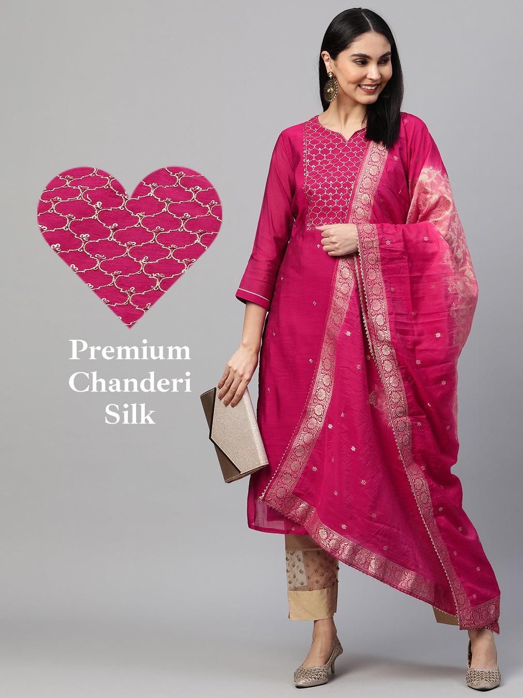 Festive Zari Embroidered Kurta with Banarasi Dupatta - Rani Pink - Indiakreations