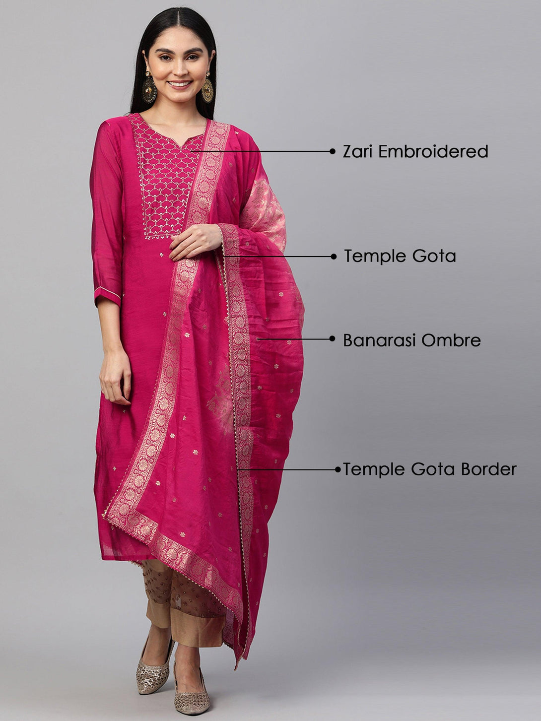 Festive Zari Embroidered Kurta with Banarasi Dupatta - Rani Pink - Indiakreations