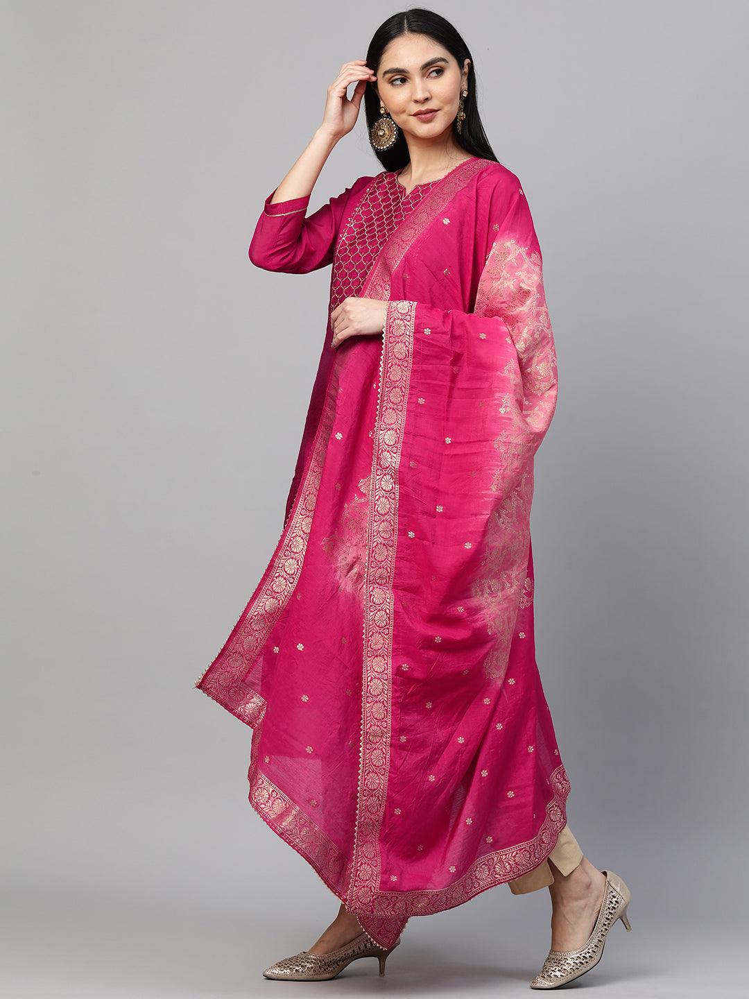 Festive Zari Embroidered Kurta with Banarasi Dupatta - Rani Pink - Indiakreations