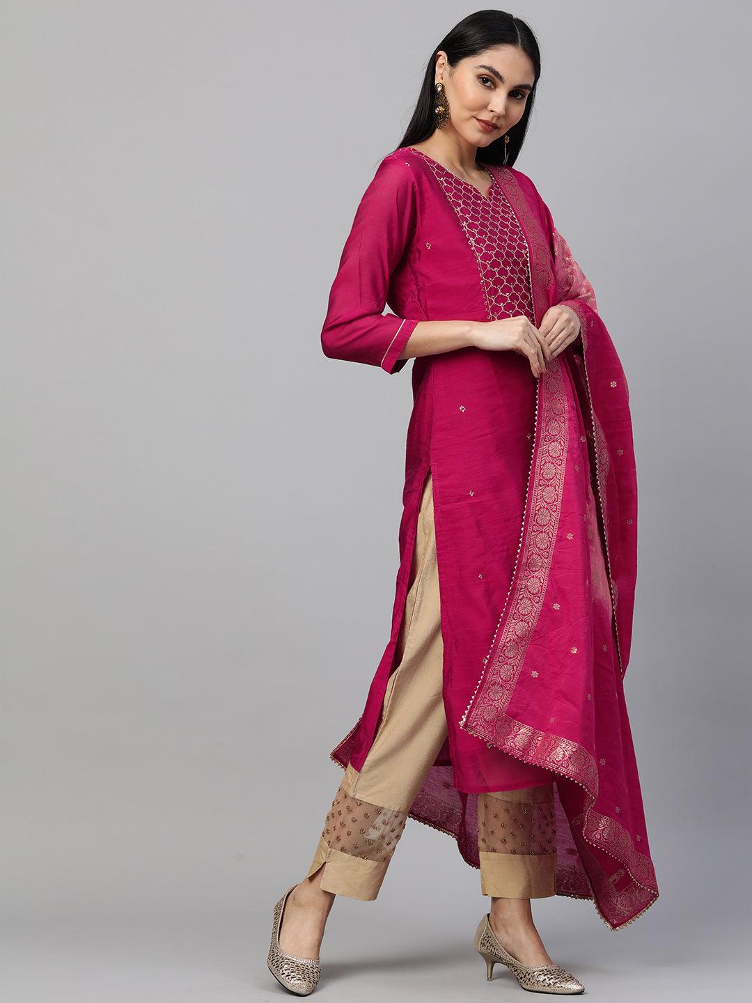 Festive Zari Embroidered Kurta with Banarasi Dupatta - Rani Pink - Indiakreations