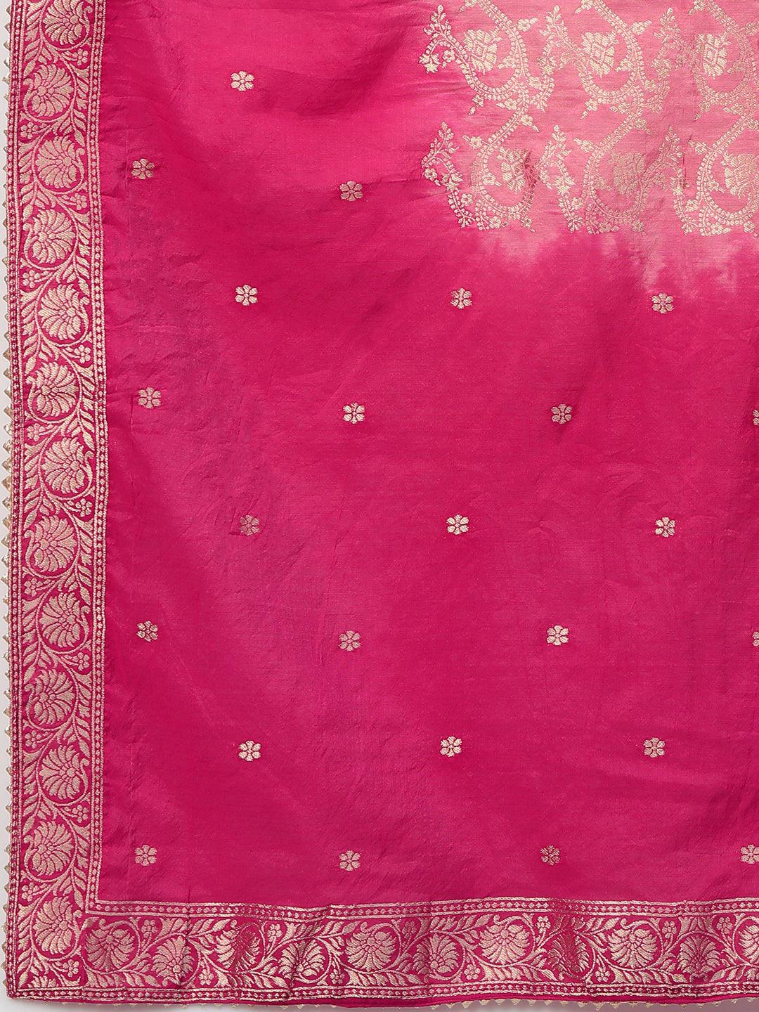 Festive Zari Embroidered Kurta with Banarasi Dupatta - Rani Pink - Indiakreations