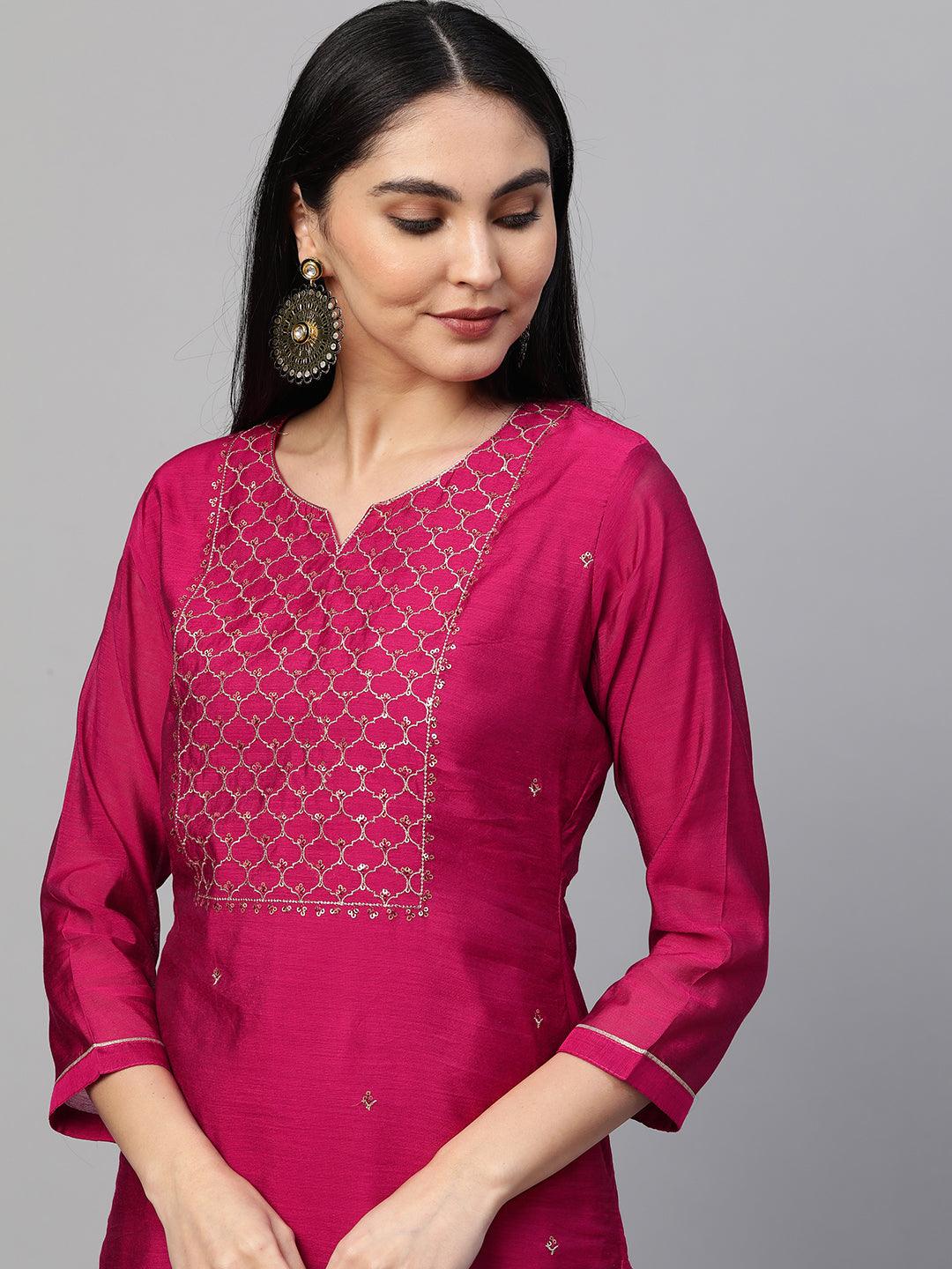 Festive Zari Embroidered Kurta with Banarasi Dupatta - Rani Pink - Indiakreations