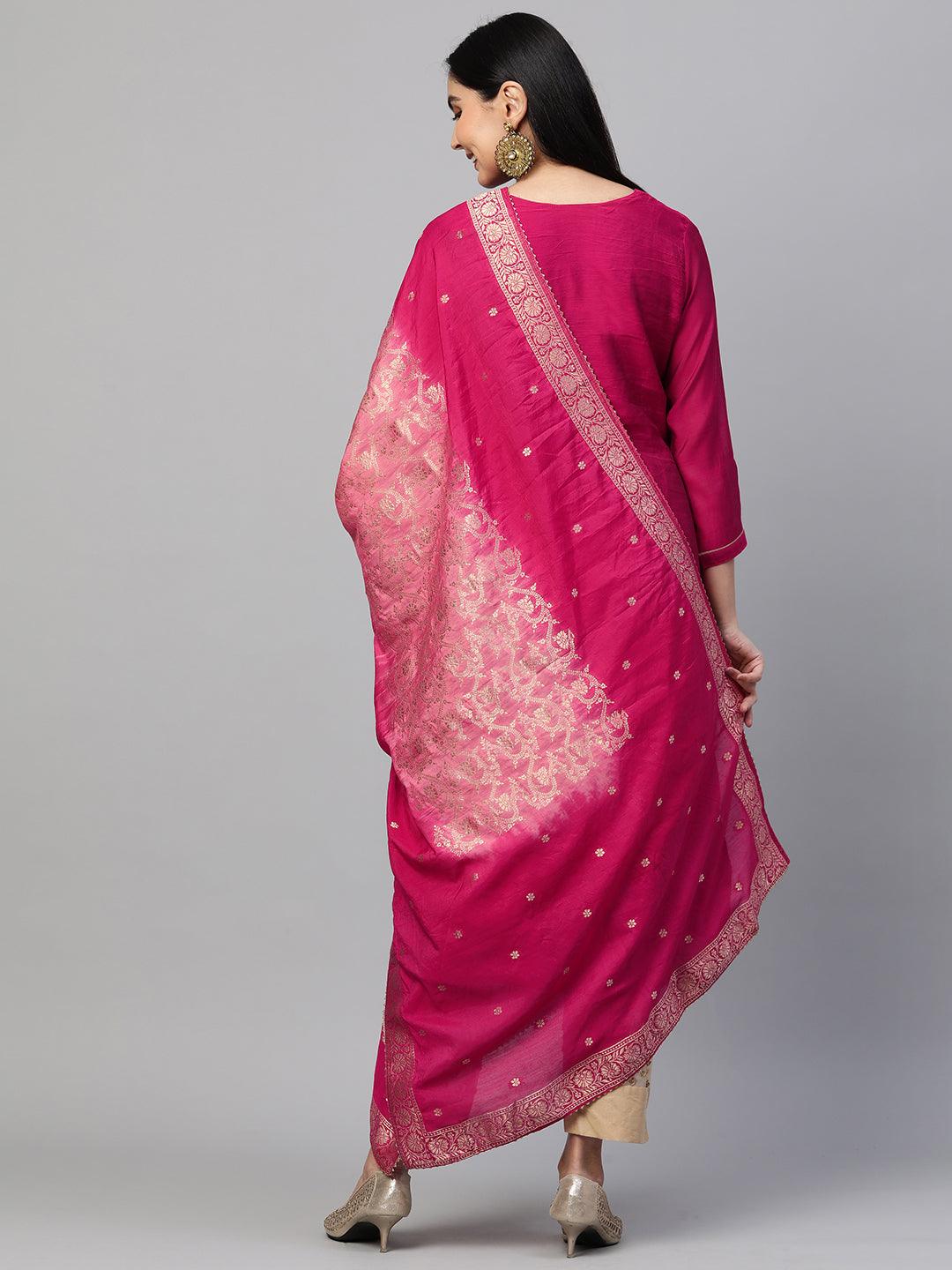 Festive Zari Embroidered Kurta with Banarasi Dupatta - Rani Pink - Indiakreations