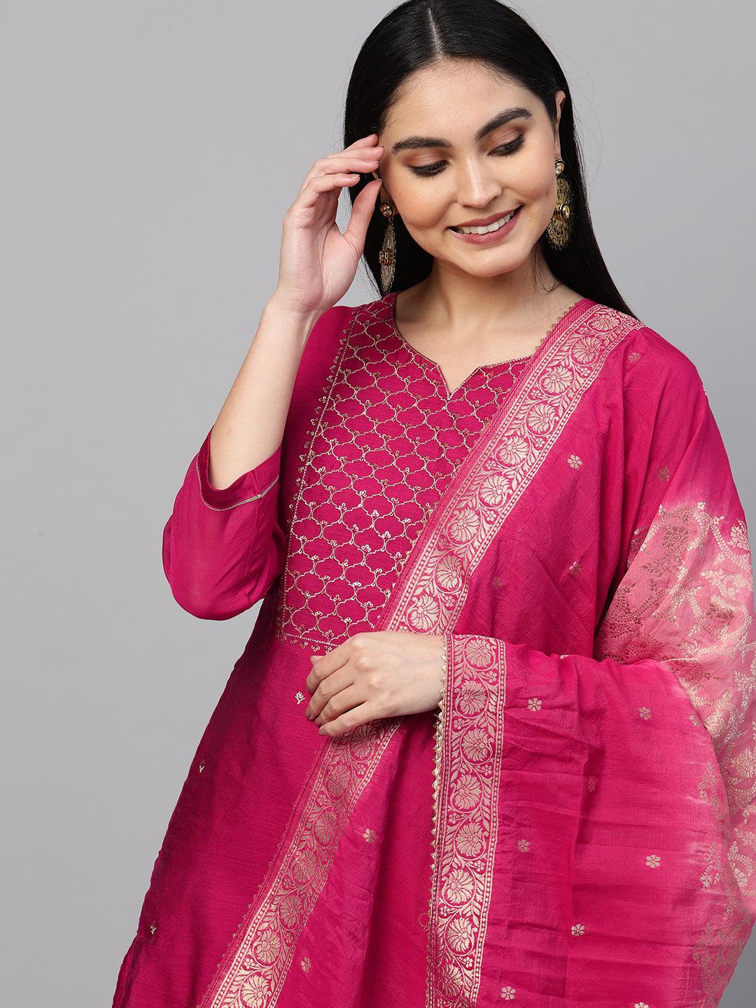 Festive Zari Embroidered Kurta with Banarasi Dupatta - Rani Pink - Indiakreations