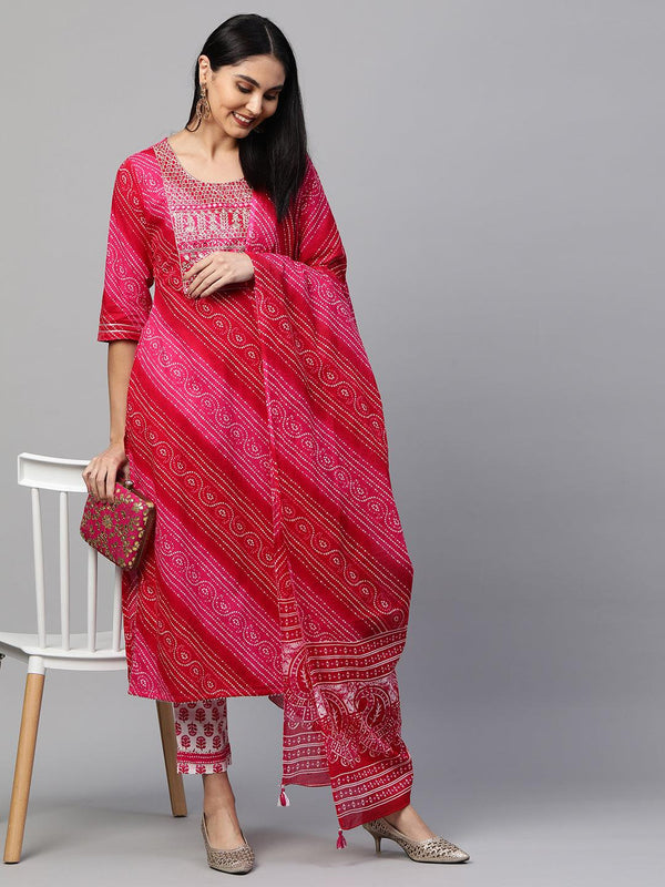 Bandhani Printed Kurta & Dupatta with Printed Pant - Rani Pink - Indiakreations