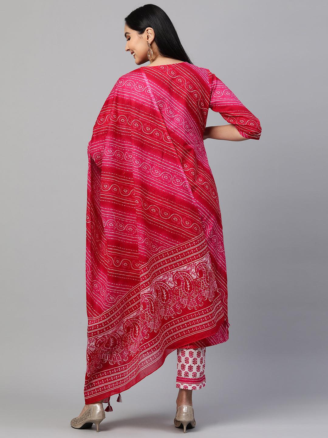 Bandhani Printed Kurta & Dupatta with Printed Pant - Rani Pink - Indiakreations