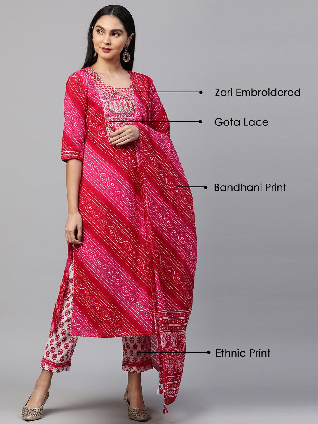 Bandhani Printed Kurta & Dupatta with Printed Pant - Rani Pink - Indiakreations