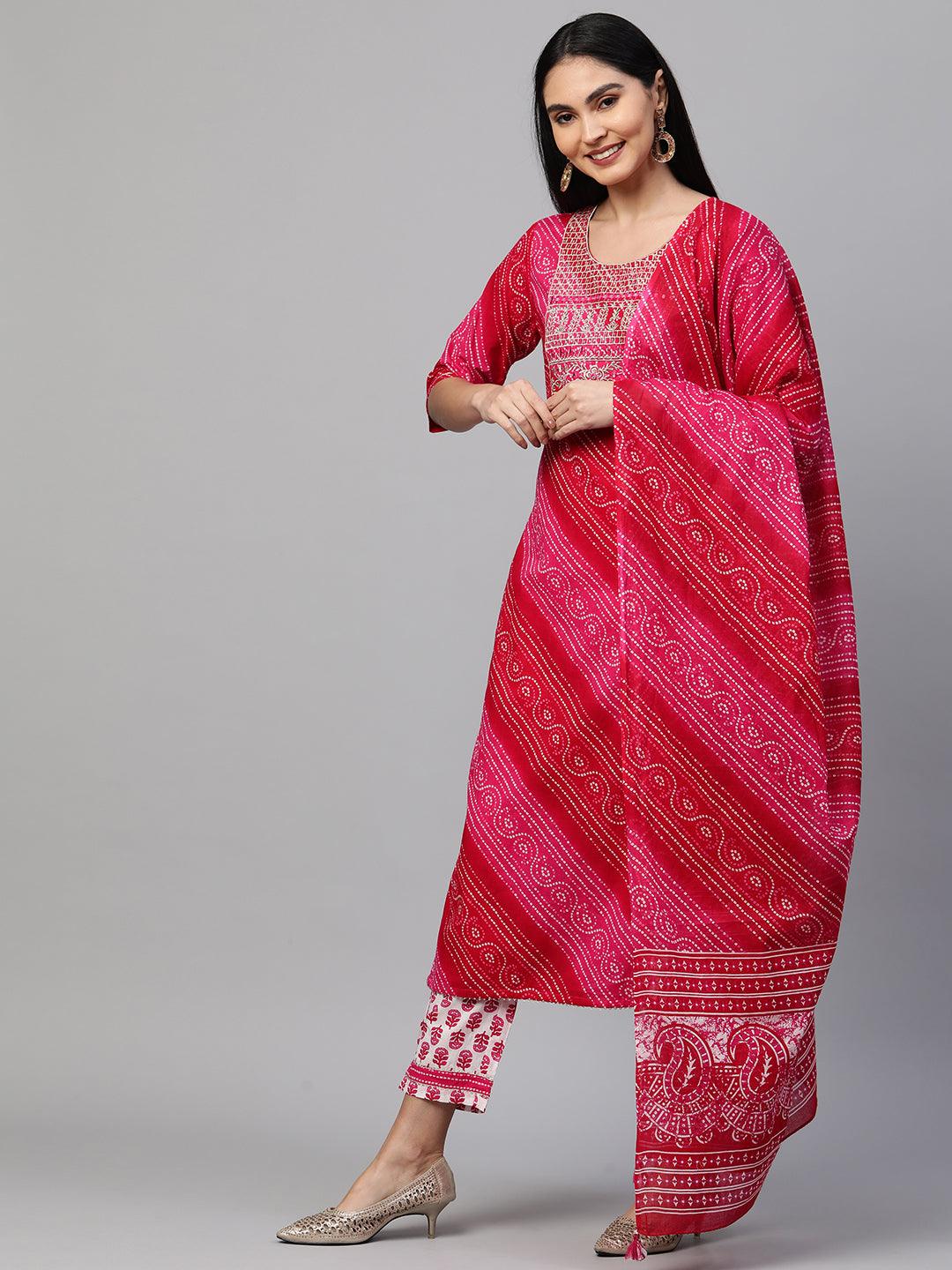 Bandhani Printed Kurta & Dupatta with Printed Pant - Rani Pink - Indiakreations