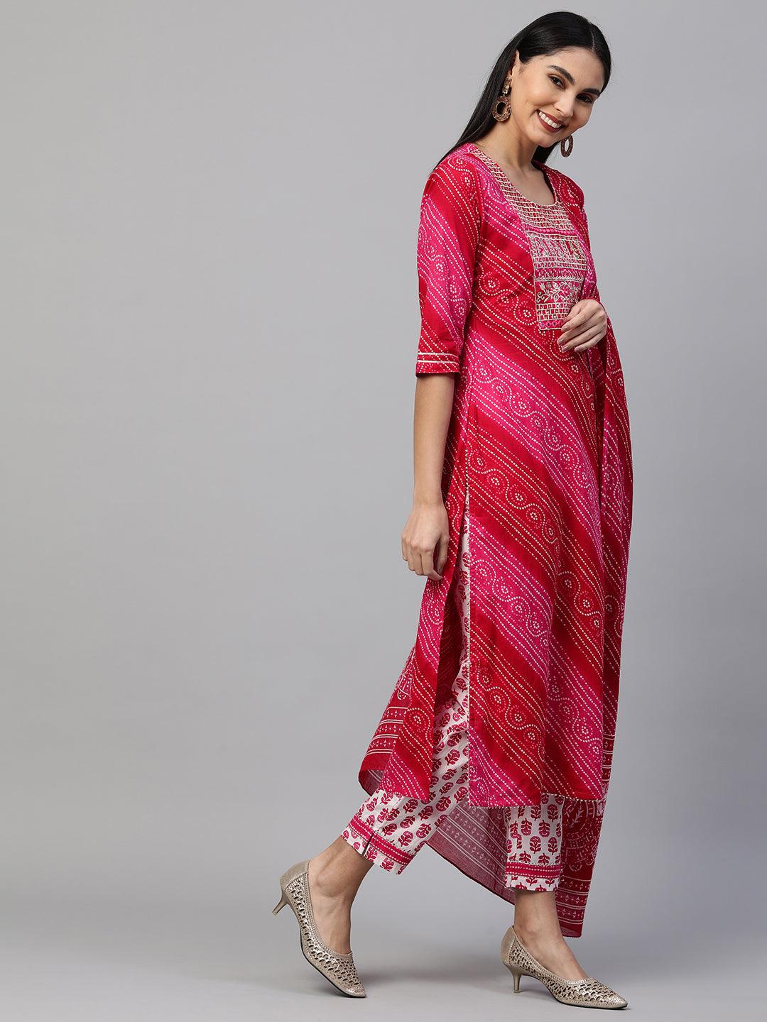 Bandhani Printed Kurta & Dupatta with Printed Pant - Rani Pink - Indiakreations