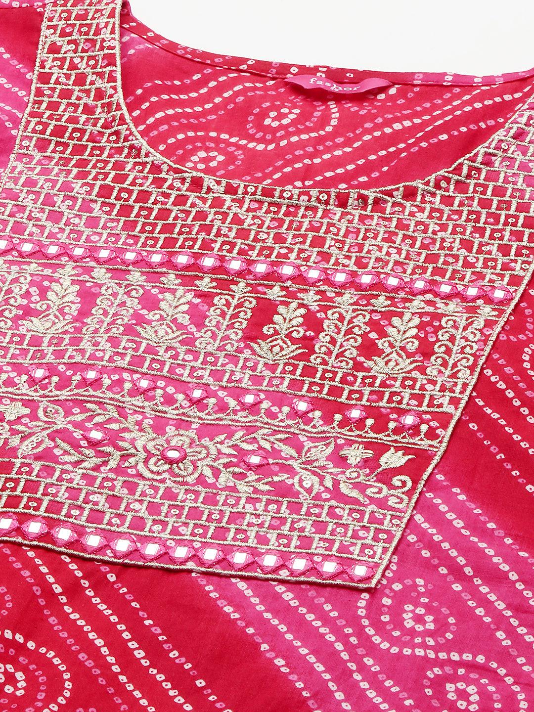 Bandhani Printed Kurta & Dupatta with Printed Pant - Rani Pink - Indiakreations