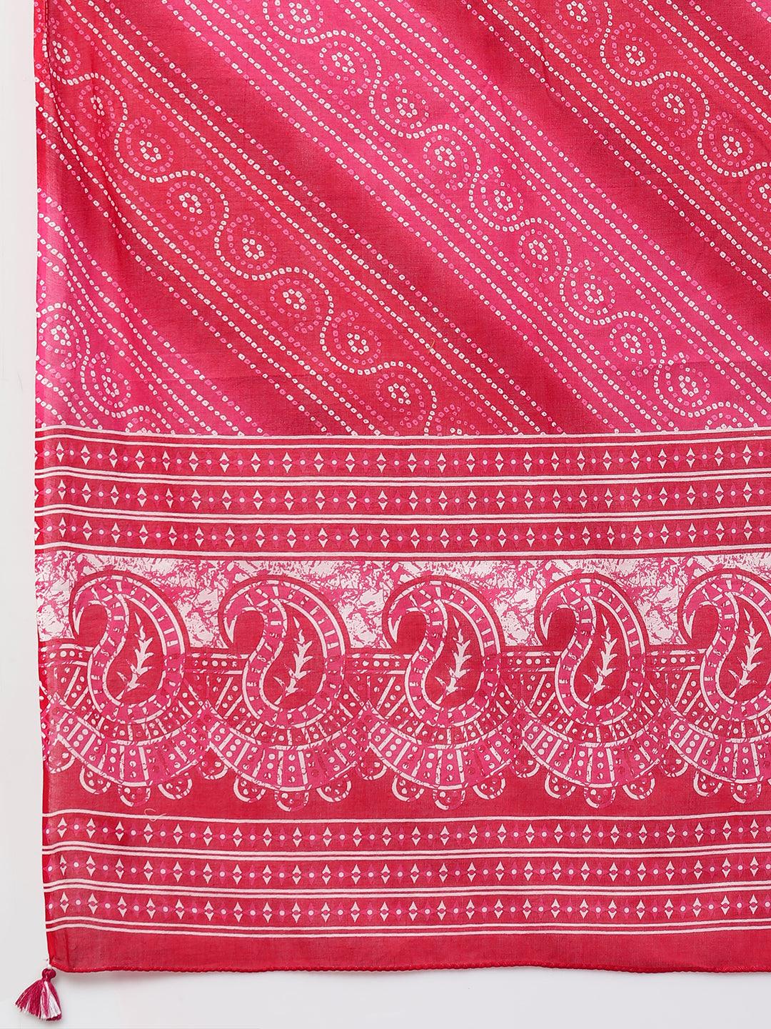 Bandhani Printed Kurta & Dupatta with Printed Pant - Rani Pink - Indiakreations