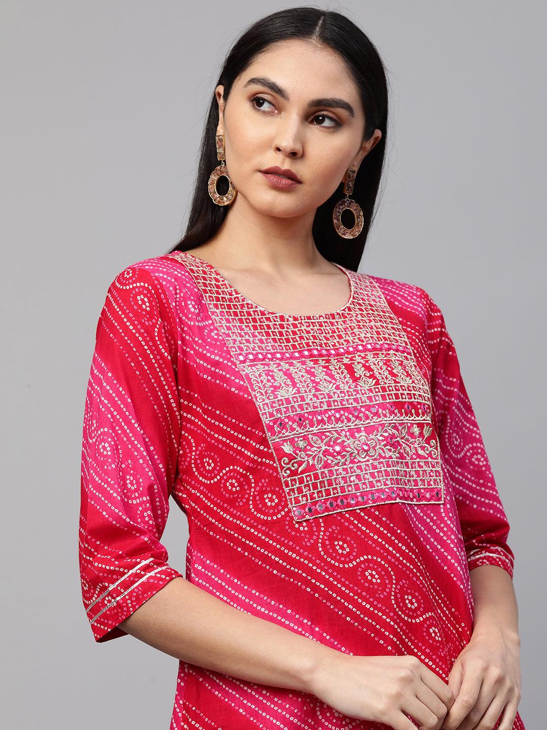 Bandhani Printed Kurta & Dupatta with Printed Pant - Rani Pink - Indiakreations