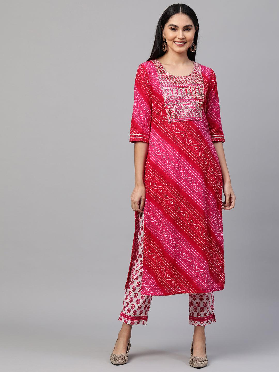 Bandhani Printed Kurta & Dupatta with Printed Pant - Rani Pink - Indiakreations