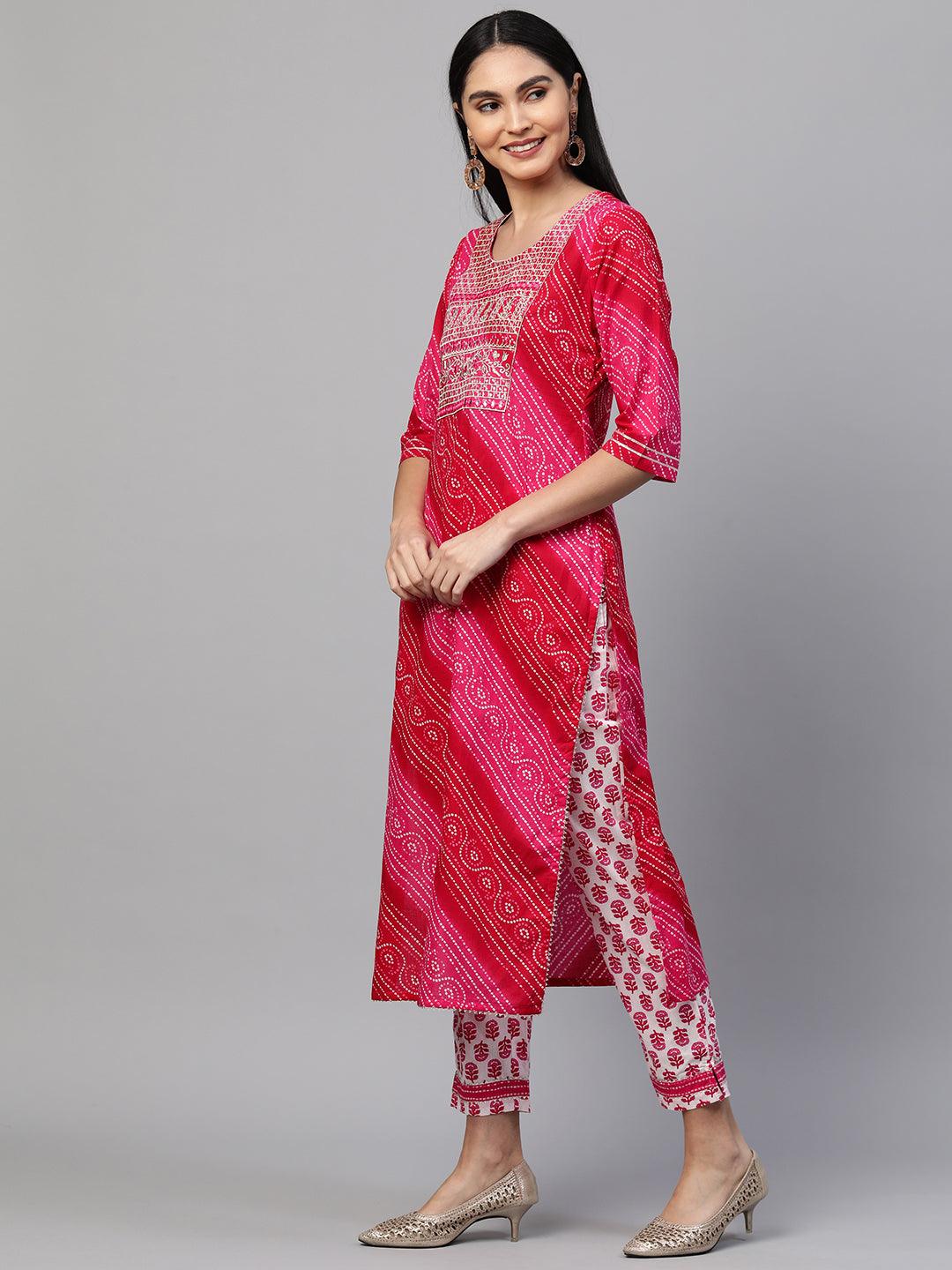 Bandhani Printed Kurta & Dupatta with Printed Pant - Rani Pink - Indiakreations