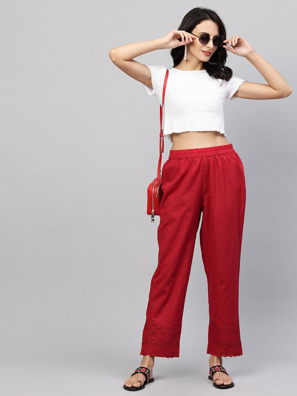 Woven Textured & Embroidered Straight Pant - Red - Indiakreations