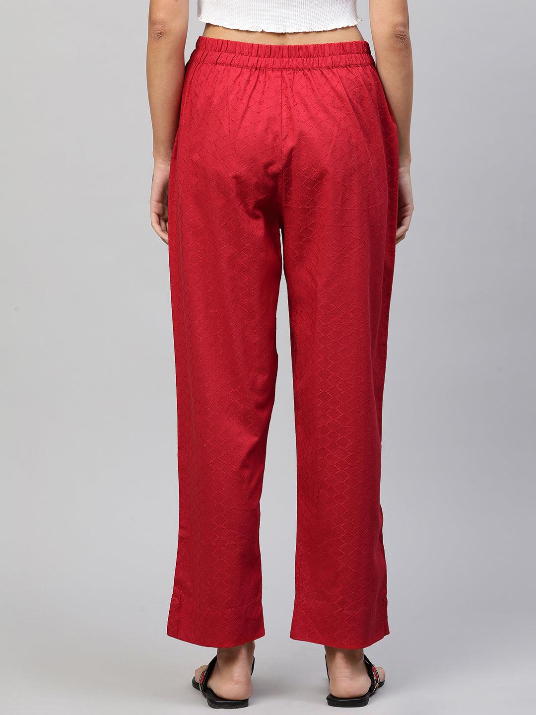 Woven Textured & Embroidered Straight Pant - Red - Indiakreations